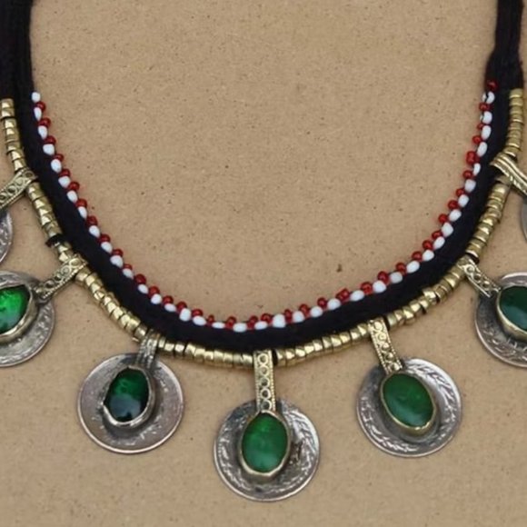 Afghan Stone Embedded Coins Necklace, Afghan Choker Necklace, Vintage Tribal - Picture 3 of 6